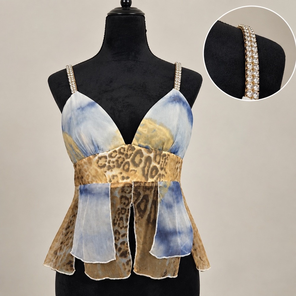 Vtg Y2K Allen B Schwartz Silk Babydoll Top M Leopard Rhinestone Handkerchief